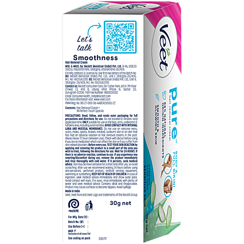 Veet Pure Hair Removal Cream - Aloe Vera, Fresh Smell, Sensitive Skin, 30 g  86% Natural Ingredients, Smooth & Glowing Skin