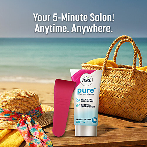 Veet Pure Hair Removal Cream - Aloe Vera, Fresh Smell, Sensitive Skin, 30 g  86% Natural Ingredients, Smooth & Glowing Skin