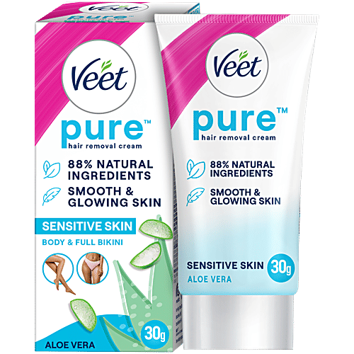Veet Pure Hair Removal Cream - Aloe Vera, Fresh Smell, Sensitive Skin, 30 g  86% Natural Ingredients, Smooth & Glowing Skin