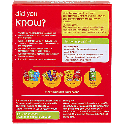 Happa Baby Food - Organic sprouted Ragi, Mango & Banana Porridge Mix, 6 Months+, 200 g Box No Added Additives & Preservatives