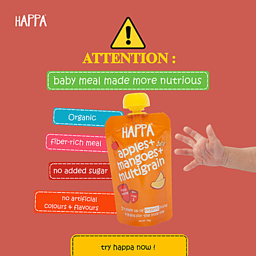 Happa Apples + Mangoes + Multigrain Puree Organic Baby Food - Stage 3, 8 Months+, 100 g  Made up of Organic Fruits & Grains, Thick Puree
