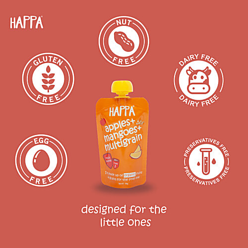 Happa Apples + Mangoes + Multigrain Puree Organic Baby Food - Stage 3, 8 Months+, 100 g  Made up of Organic Fruits & Grains, Thick Puree