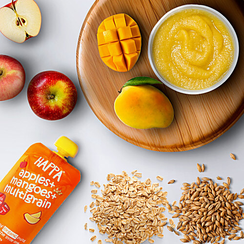 Happa Apples + Mangoes + Multigrain Puree Organic Baby Food - Stage 3, 8 Months+, 100 g  Made up of Organic Fruits & Grains, Thick Puree