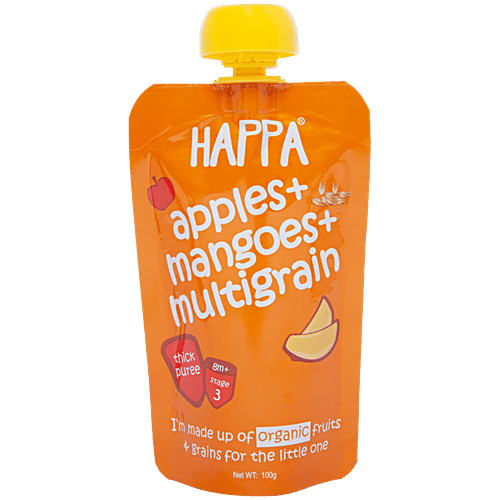 Happa Apples + Mangoes + Multigrain Puree Organic Baby Food - Stage 3, 8 Months+, 100 g  Made up of Organic Fruits & Grains, Thick Puree