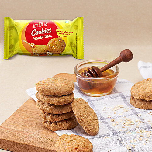 Tasties Honey & Oats Cookies, 75 g  Honey Dolloped Crispy Oats