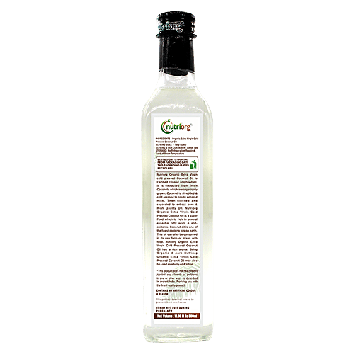 Nutriorg Certified Organic Extra Virgin Coconut Oil, 500 ml Glass Bottle 