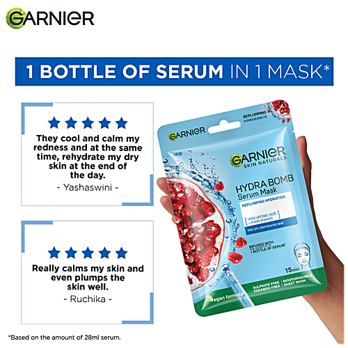 Garnier Skin Naturals Hydra Bomb Face Serum Sheet Mask - Hyaluronic Acid & Pomegranate, 28 g  