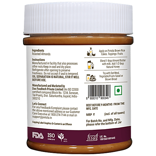 Pintola All Natural Almond Butter - Unsweetened, Creamy, 200 g  