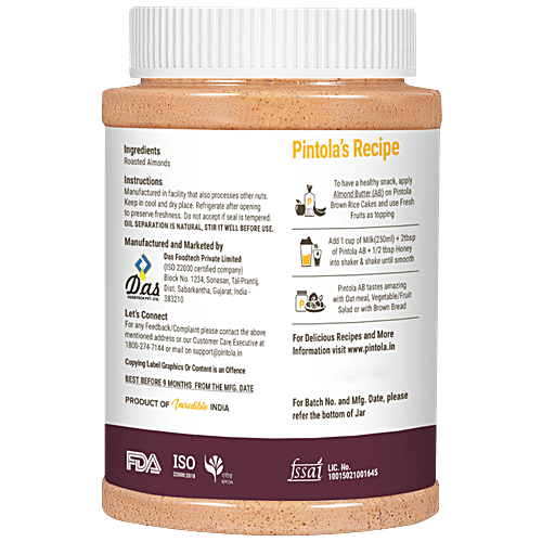 Pintola All Natural Almond Butter - Unsweetened, Creamy, 1kg  