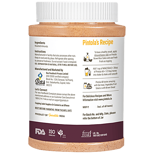 Pintola All Natural Almond Butter - Unsweetened, Crunchy, 1kg  