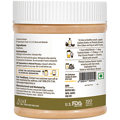 Pintola Cashew Butter - All Natural, Vegan, Gluten & Cholesterol Free, Unsweetened, 350 g  Natural, High In Protein & Dietary Fibre