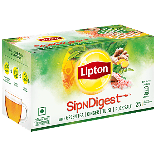 Lipton SipNDigest - With Green Tea, Ginger, Tulsi & Rock Salt, Spiced Green Tea Bags, 25 pcs (25 Bags x 1.8 g Each)