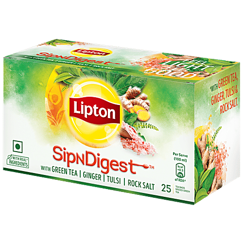 Lipton SipNDigest - With Green Tea, Ginger, Tulsi & Rock Salt, Spiced Green Tea Bags, 25 pcs (25 Bags x 1.8 g Each)