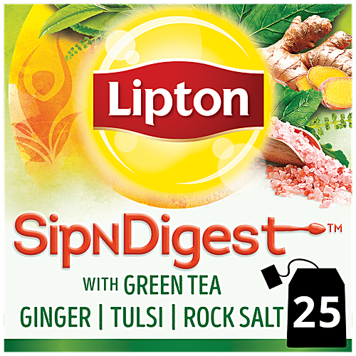 Lipton SipNDigest - With Green Tea, Ginger, Tulsi & Rock Salt, Spiced Green Tea Bags, 25 pcs (25 Bags x 1.8 g Each)