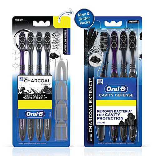 Oral-B Cavity Defense Toothbrush With Charcoal Extract, Medium, Cleans Deep, Removes Stain, 2 pcs (Buy 2 Get 2 Free) Cup Shaped Bristles