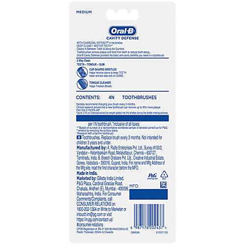 Oral-B Cavity Defense Toothbrush With Charcoal Extract, Medium, Cleans Deep, Removes Stain, 2 pcs (Buy 2 Get 2 Free) Cup Shaped Bristles