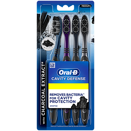 Oral-B Cavity Defense Toothbrush With Charcoal Extract, Medium, Cleans Deep, Removes Stain, 2 pcs (Buy 2 Get 2 Free) Cup Shaped Bristles