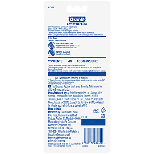 Oral-B Cavity Defense Toothbrush With Charcoal Extract, Soft, Cleans Deep, Removes Stain, 2 pcs (Buy 2 Get 2 Free) Cup Shaped Bristles