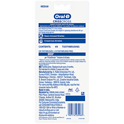 Oral-B Criss Cross Anti-Plaque, Toothbrush - With Neem Extract, Medium, Removes Germs, 2 pcs (Buy 2 Get 2 Free) Removes Upto 90% Germs