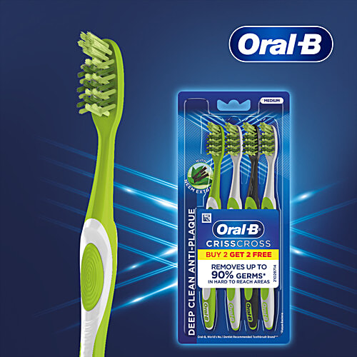 Oral-B Criss Cross Anti-Plaque, Toothbrush - With Neem Extract, Medium, Removes Germs, 2 pcs (Buy 2 Get 2 Free) Removes Upto 90% Germs
