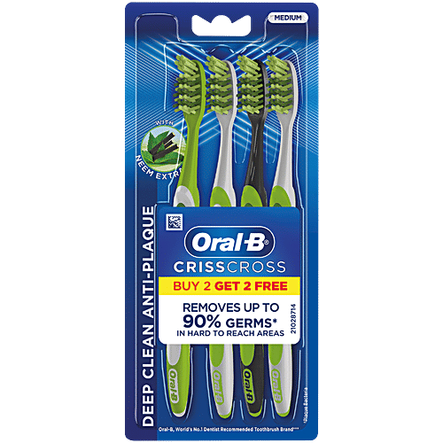 Oral-B Criss Cross Anti-Plaque, Toothbrush - With Neem Extract, Medium, Removes Germs, 2 pcs (Buy 2 Get 2 Free) Removes Upto 90% Germs