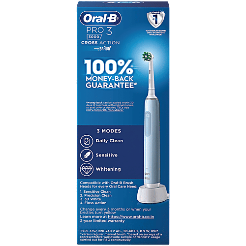 Oral-B Oral B Pro 3 Electric Toothbrush, 3 modes with Triple pressure control, replaceable brush head included, 1 pc  Removes Up to 100% More Plaque