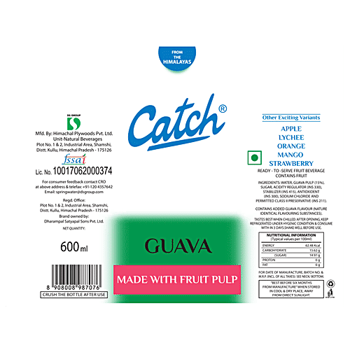 Catch Guava Juice - Made with Fruit Pulp, 600 ml PET Bottle Zero Fat