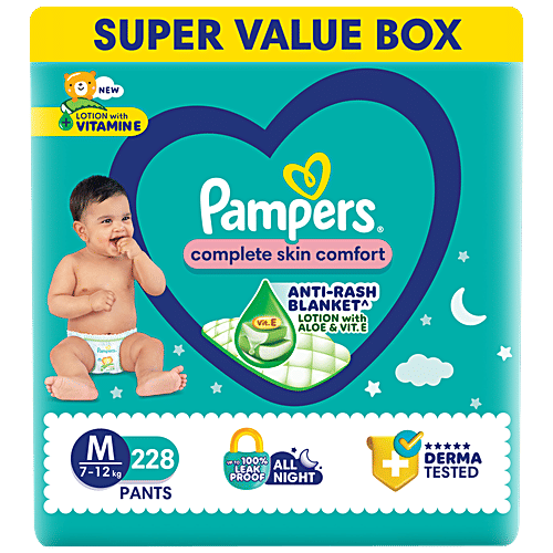 Pampers  Complete Skin Comfort Diaper Pants - M, 7-12 Kg, 228 pcs  Anti-Rash Blanket, Lotion With Vitamin E & Aloe Vera