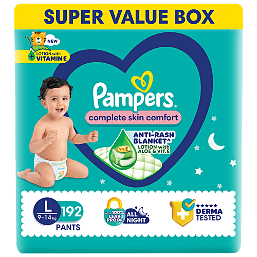Pampers Complete Skin Comfort Diaper Pants - L, 9-14 Kg, 192 pcs Anti-Rash Blanket, Lotion With Vitamin E & Aloe Vera