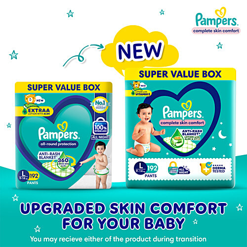 Pampers Complete Skin Comfort Diaper Pants - L, 9-14 Kg, 192 pcs Anti-Rash Blanket, Lotion With Vitamin E & Aloe Vera