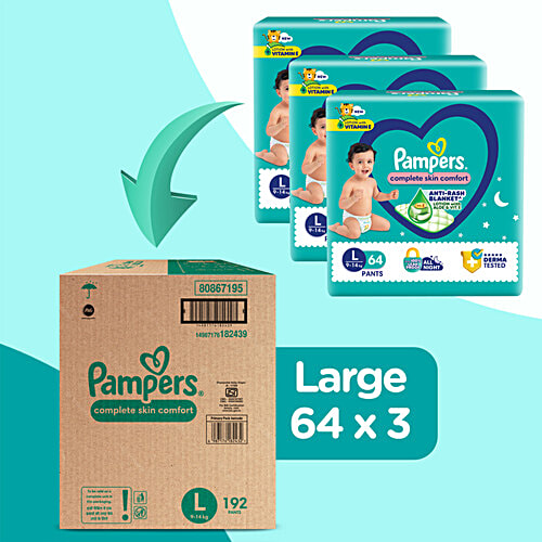Pampers Complete Skin Comfort Diaper Pants - L, 9-14 Kg, 192 pcs Anti-Rash Blanket, Lotion With Vitamin E & Aloe Vera