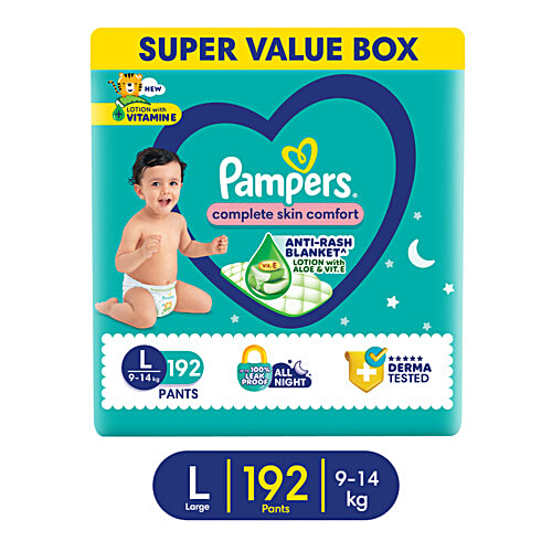 Pampers Complete Skin Comfort Diaper Pants - L, 9-14 Kg, 192 pcs Anti-Rash Blanket, Lotion With Vitamin E & Aloe Vera