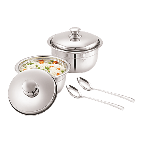 BB Home Stainless Steel Serving Handi Set With Lids & 2 Serving Spoons, 4 pcs  