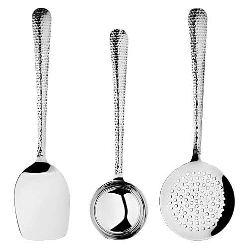 bb home Stainless Steel Kitchen Tools - Turner + Skimmer + Ladle, Hammered, 3 pcs  Hammered