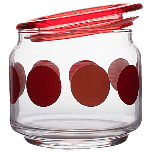 bb home Marino Airtight Storage Jar with Red Lid - Transparent, Glass, Printed, Round, 370 ml (Set of 2) Dishwasher Safe