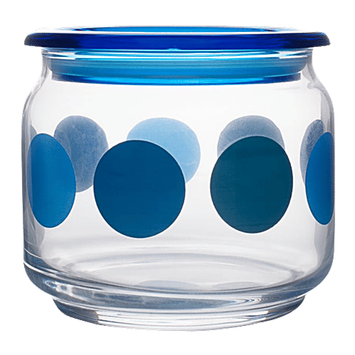 bb home Marino Airtight Storage Jar with Blue Lid - Transparent, Glass, Plain, Round, 370 ml (Set of 2) Dishwasher Safe