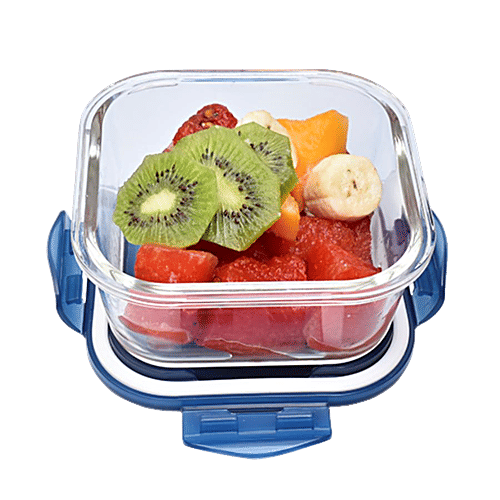 bb home Food Container with Dark Blue Lid - Transparent, Borosilicate Glass, Plain, Square, 520 ml  Dishwasher Safe