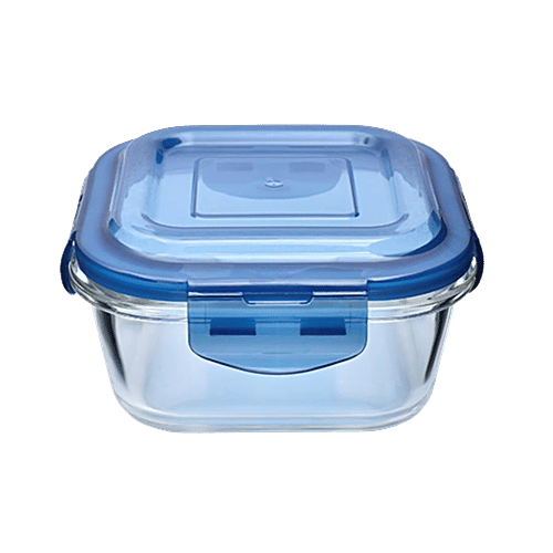 bb home Food Container with Dark Blue Lid - Transparent, Borosilicate Glass, Plain, Square, 520 ml  Dishwasher Safe