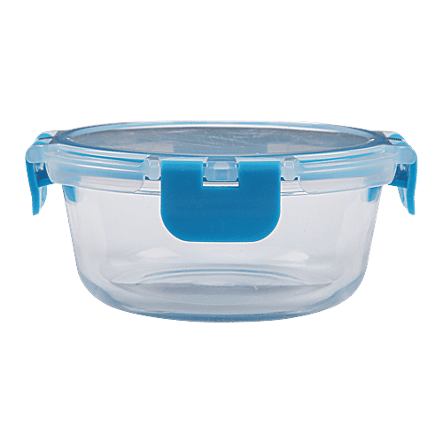bb home Food Container with Dark Blue Lid - Transparent, Borosilicate Glass, Plain, Square, 800 ml  Dishwasher Safe