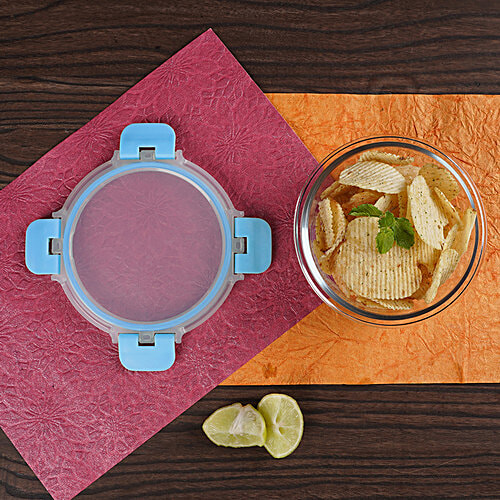 bb home Food Container with Dark Blue Lid - Transparent, Borosilicate Glass, Plain, Square, 800 ml  Dishwasher Safe