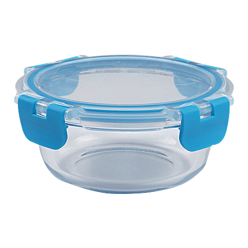 bb home Food Container with Dark Blue Lid - Transparent, Borosilicate Glass, Plain, Square, 800 ml  Dishwasher Safe