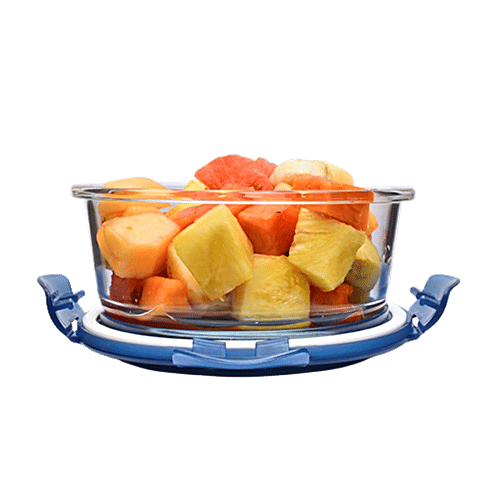 bb home Food Container with Dark Blue Lid - Transparent, Borosilicate Glass, Plain, Round, 950 ml Dishwasher Safe