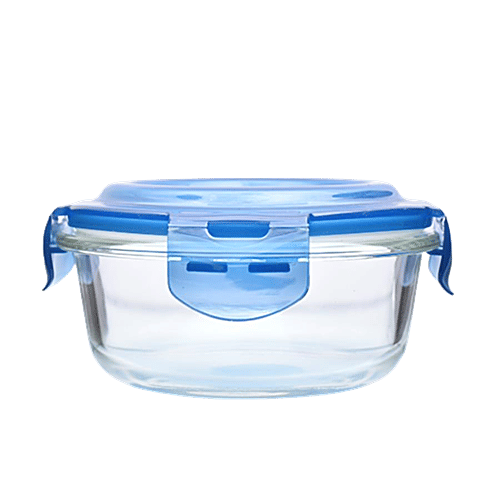 bb home Food Container with Dark Blue Lid - Transparent, Borosilicate Glass, Plain, Round, 950 ml Dishwasher Safe
