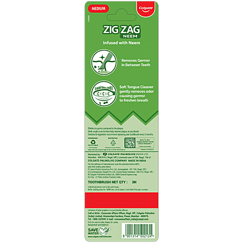 Colgate ZigZag Neem Soft Toothbrush - Medium, 3 pcs  Soft Tongue Cleaner, Zig Zag Bristle, Deep Clean Between Teeth