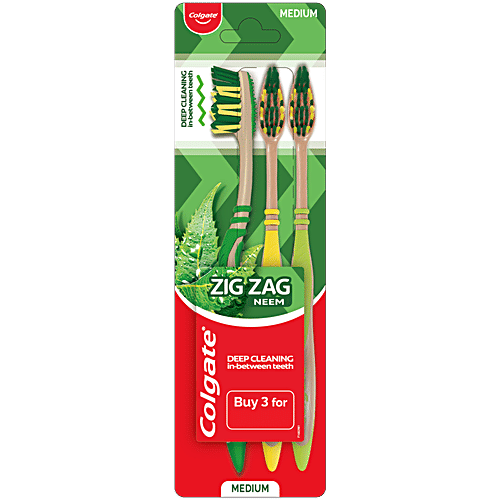 Colgate ZigZag Neem Soft Toothbrush - Medium, 3 pcs  Soft Tongue Cleaner, Zig Zag Bristle, Deep Clean Between Teeth
