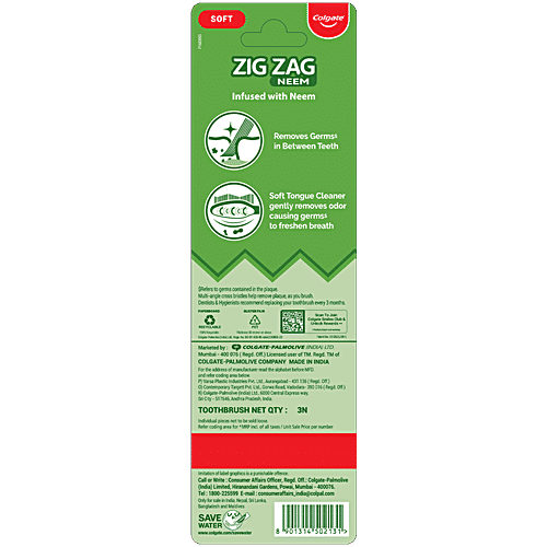 Colgate ZigZag Neem Soft Toothbrush, 3 pcs Soft Tongue Cleaner, Zig Zag Bristle, Deep Clean Between Teeth