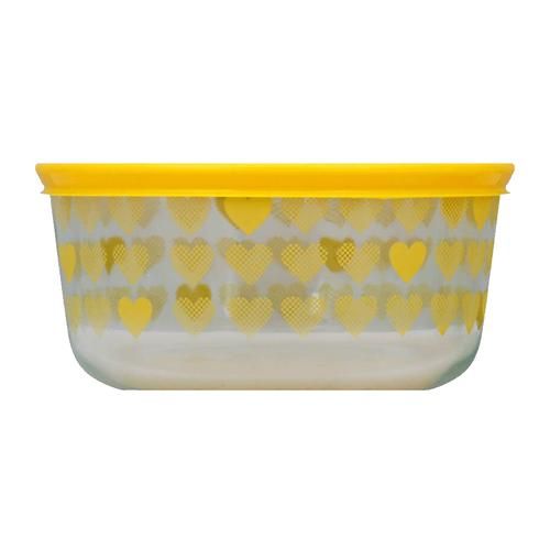 Pyrex Borosilicate Glass Baking Round Storage 4 Cup Yellow Hearts With Yellow Lid, 950 ml  Microwave Safe