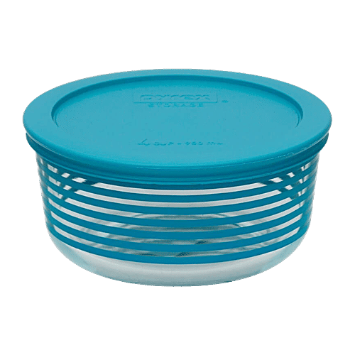 Pyrex Borosilicate Glass Baking Round Storage 4 Cup Blue Stripes With Blue Lid, 950 ml Microwave Safe