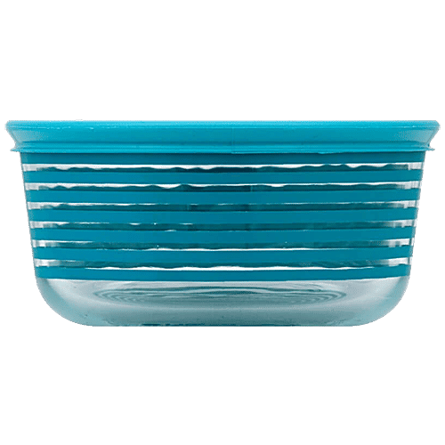 Pyrex Borosilicate Glass Baking Round Storage 4 Cup Blue Stripes With Blue Lid, 950 ml Microwave Safe