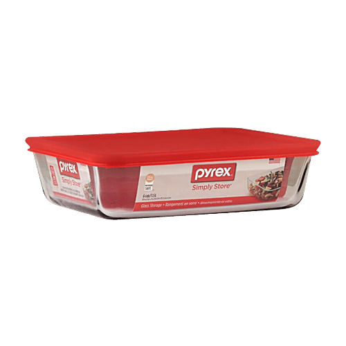 Pyrex Borosilicate Glass Baking Rectangular Storage With Red Lid 6 Cup, 1.42 L  Microwave Safe